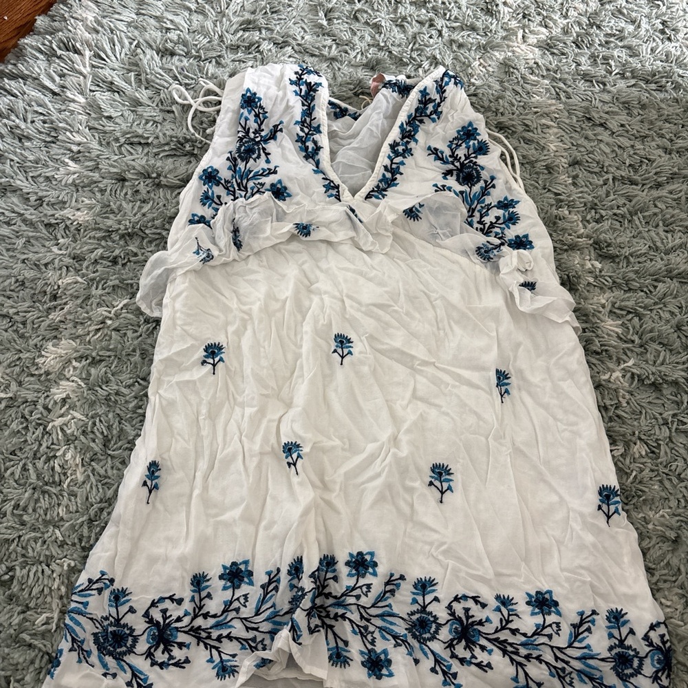 Zara White Dress with Blue Embroidery